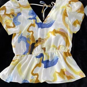 Nine West White V-Neck Peplum Top with Blue & Gold Swirl